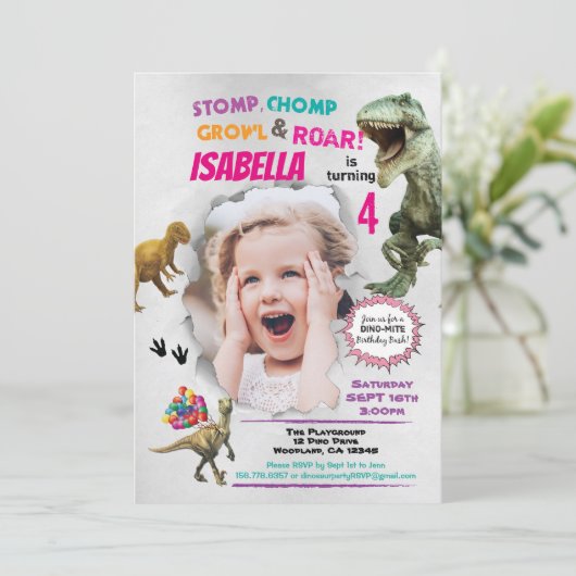 女の子のための恐竜の誕生日の写真の招待 招待状 (スタンド正面)
