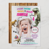 女の子のための恐竜の誕生日の写真の招待 招待状 (正面/裏面)