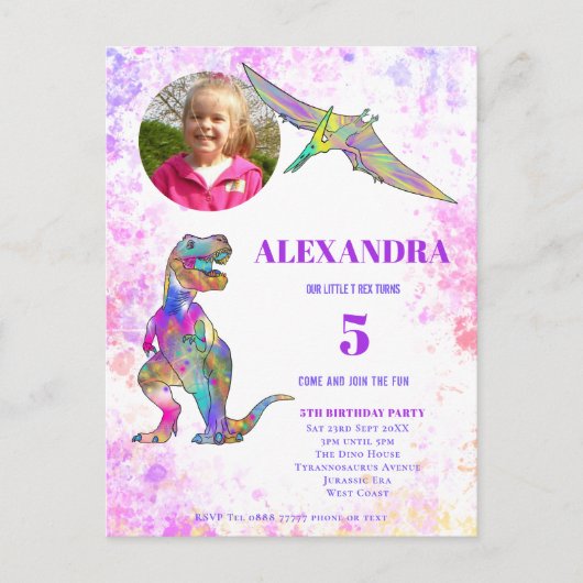 女の子のための恐竜の誕生日カスタムパーティー写真 インビテーションポストカード (正面)