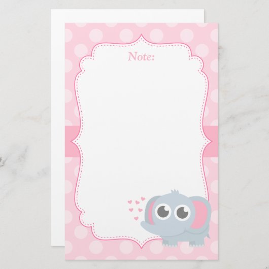 女の子のための愛のかわいいベビー象 便箋 (正面/裏面)