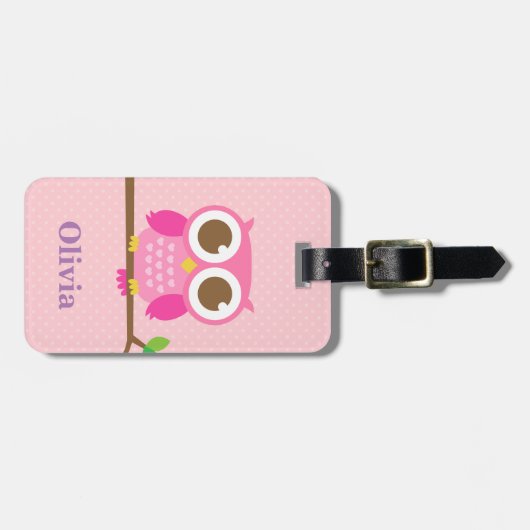 女の子のための枝のかわいくガーリーなピンクのフクロウ ラゲッジタグ (正面横)