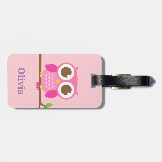 女の子のための枝のかわいくガーリーなピンクのフクロウ ラゲッジタグ (裏面横)
