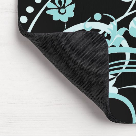 女の子のための水のティール(緑がかった色)そして黒い花の渦巻のギフト マウスパッド (コーナー)