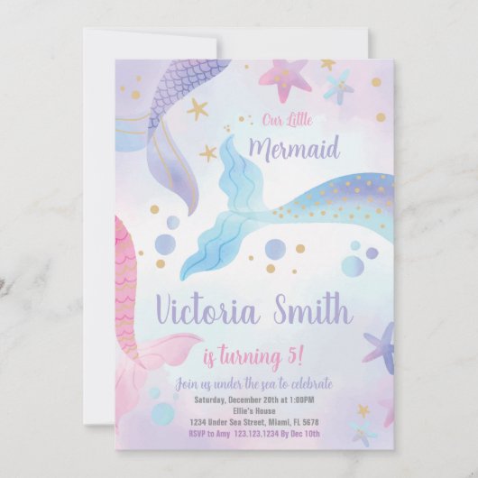 女の子のための海のパーティーカードの下で編集可能 招待状 (正面)