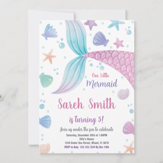女の子のための海のパーティーカードの下で編集可能 招待状 (正面)