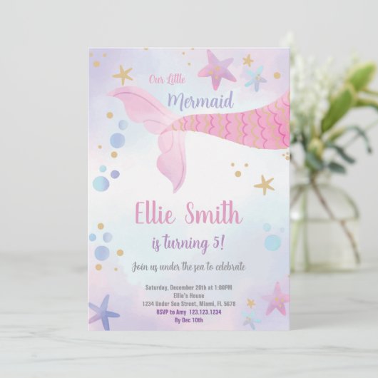 女の子のための海のパーティーカードの下で編集可能 招待状 (スタンド正面)