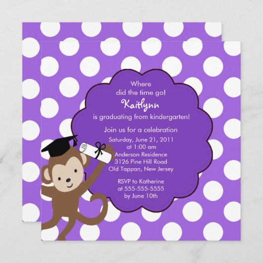 女の子のための猿の卒業生の卒業の招待状 招待状 (正面/裏面)