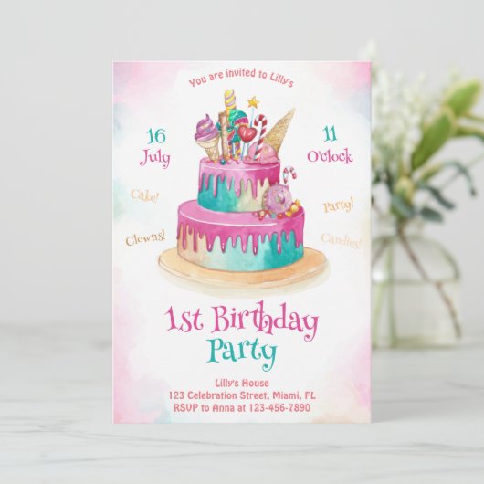 女の子のための甘いケーキかわいい子供たち1日の誕生日 招待状 (スタンド正面)