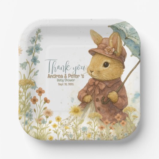 女の子のための白い小さなウサギの赤ちゃんシャワー ペーパープレート (正面)