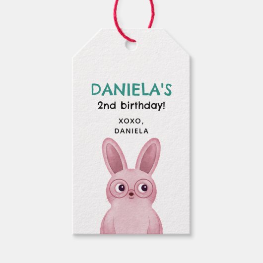 女の子のための眼鏡の誕生日パーティーとピンクのバニー ギフトタグ (正面)