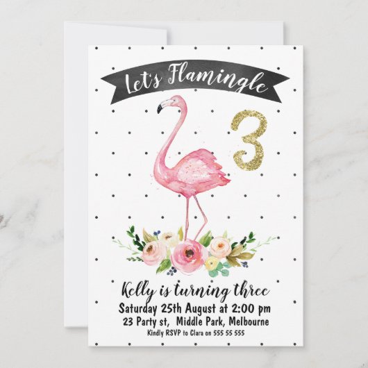 女の子のための第3の誕生日招待状をフラミングル 招待状 (正面)