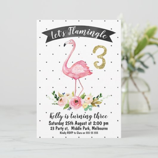 女の子のための第3の誕生日招待状をフラミングル 招待状 (スタンド正面)