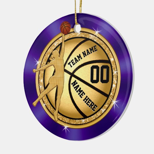 女の子のための紫色および金ゴールドのバスケットボールのオーナメント セラミックオーナメント (左)