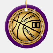 女の子のための紫色および金ゴールドのバスケットボールのオーナメント セラミックオーナメント (裏面)
