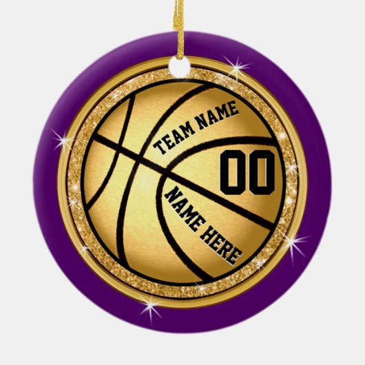 女の子のための紫色および金ゴールドのバスケットボールのオーナメント セラミックオーナメント (裏面)