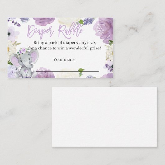 女の子のための紫色の象おむつラッフルカード エンクロージャーカード (正面/裏面)