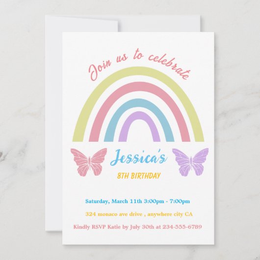 女の子のための虹と蝶の誕生日編集可能イン 招待状 (正面)