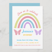 女の子のための虹と蝶の誕生日編集可能イン 招待状 (正面/裏面)