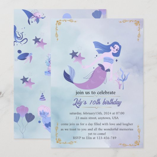 女の子のための誕生日の招待 (正面/裏面)