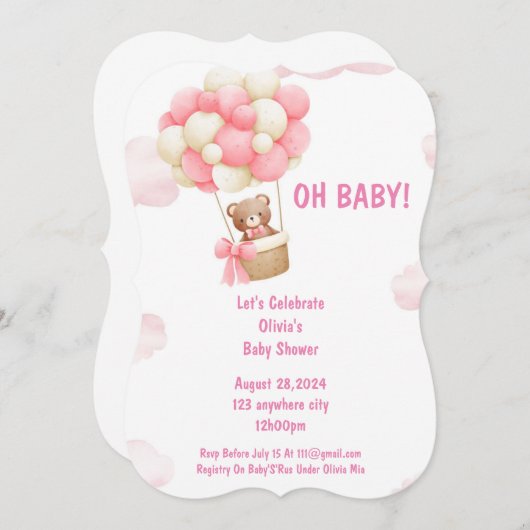 女の子のための赤ちゃんシャワー招待ピンク 招待状 (正面/裏面)