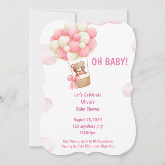 女の子のための赤ちゃんシャワー招待ピンク 招待状 (正面)