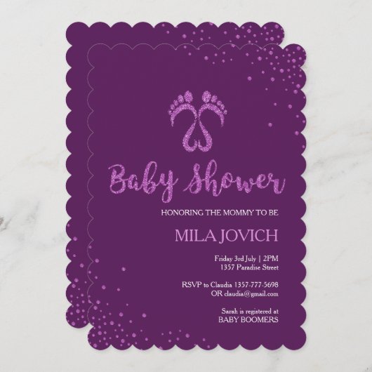女の子のための足跡赤ちゃんシャワーの招待 招待状 (正面/裏面)
