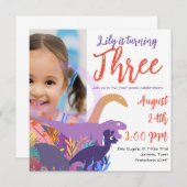 女の子のための轟音のある恐竜の誕生日パーティー 招待状 (正面/裏面)