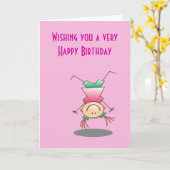 女の子のための逆立ちをしているハッピーバースデーの女の子 カード (黄色い花)