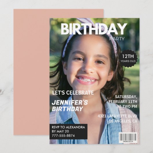女の子のための雑誌の表紙風12歳の誕生日招待状 招待状 (正面/裏面)