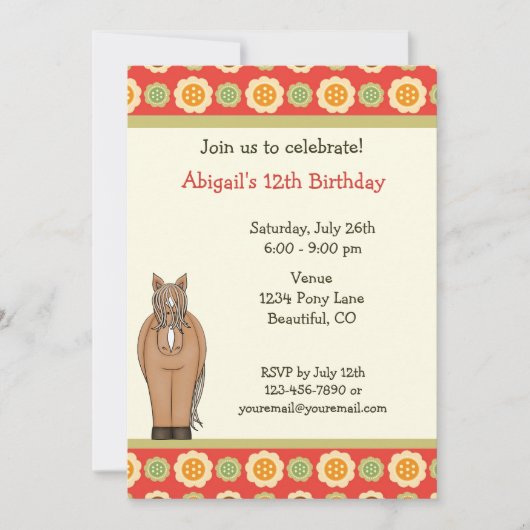 女の子のための馬と花の誕生日招待状 招待状 (正面)