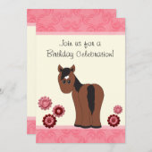 女の子のための馬と花の誕生日招待状 招待状 (正面/裏面)