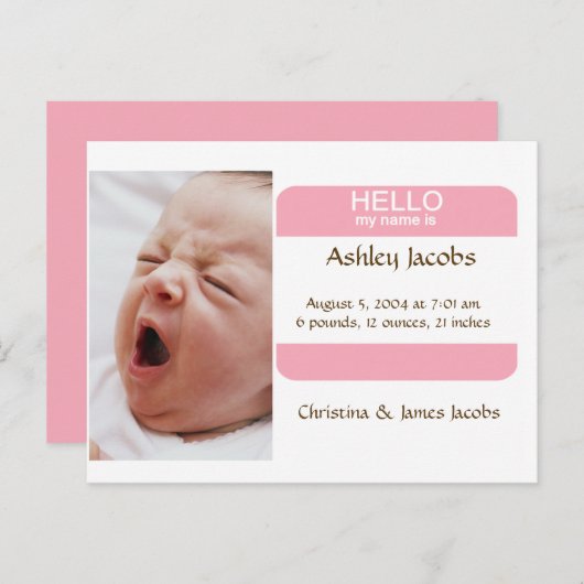 女の子のための高い名札の誕生の発表 案内ポストカード (正面/裏面)