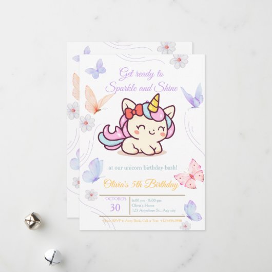 女の子のための魔法のピンクユニコーン誕生日カード シーズンカード (正面/裏面インサイチュ)