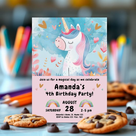 女の子のための魔法のユニコーン誕生日パーティー 招待状