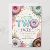 女の子のための2歳の誕生日お祝いにぴったりな「Two Sweet」ドーナツのバースデー招待状 招待状 (正面)