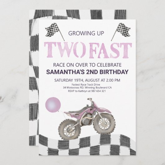 女の子のための2歳の誕生日ダートバイク招待状 招待状 (正面/裏面)
