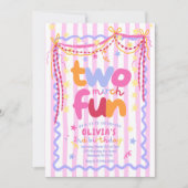 女の子のための2歳の誕生日パーティー招待状 "Two much fun" 招待状 (正面)