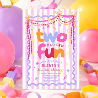 女の子のための2歳の誕生日パーティー招待状 "Two much fun" 招待状
