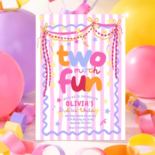 女の子のための2歳の誕生日パーティー招待状 "Two much fun" 招待状