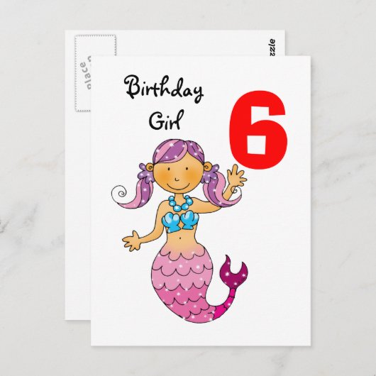 女の子のための6番目の誕生日ギフト、かわいい人魚 ポストカード (正面/裏面)
