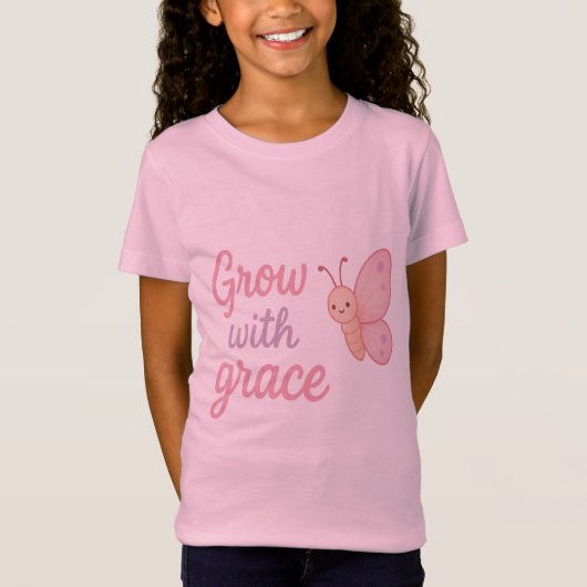 女の子のためのGrow With Grace蝶Tシャツ – かわいい Tシャツ (正面)