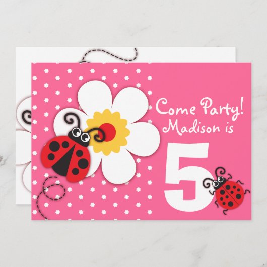 女の子のてんとう虫のパーティーのピンクの招待 招待状 (正面/裏面)