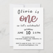 女の子のばら色の金ゴールドのグリッターの写真の最初誕生日 招待状 (裏面)