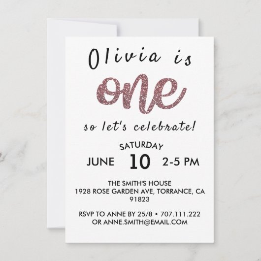 女の子のばら色の金ゴールドのグリッターの写真の最初誕生日 招待状 (裏面)