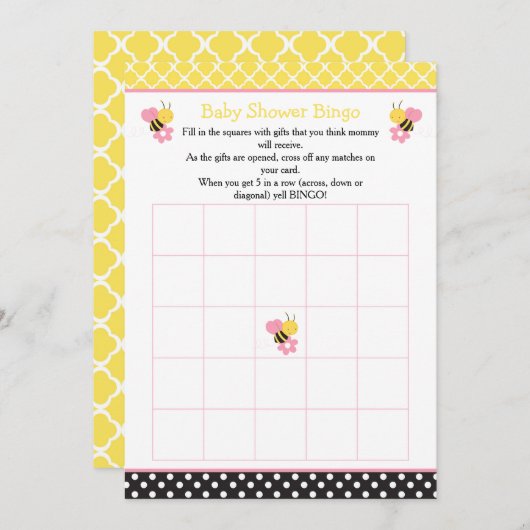 女の子のまわりに黄色と黒の赤ちゃんシャワービンゴ 招待状 (正面/裏面)