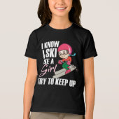 女の子のようにスキーをしてユーモア保のノベルティを上げる トライブレンドTシャツ (正面)