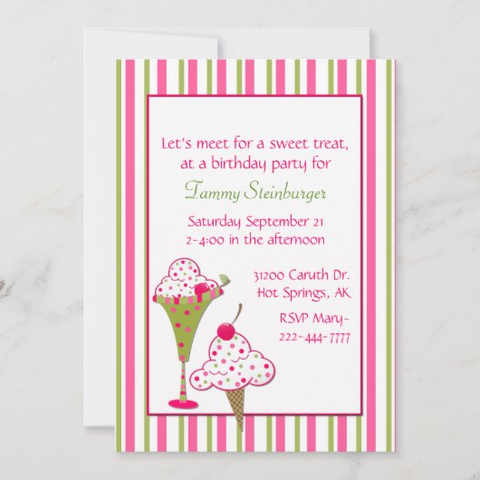 女の子のアイスクリームの誕生日のパーティの招待状 招待状 (正面)