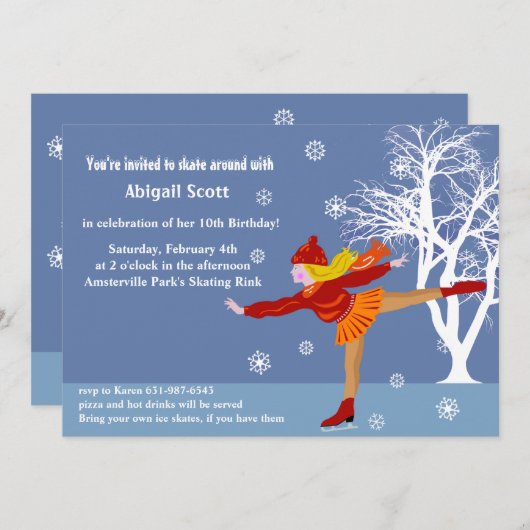 女の子のアイススケートのパーティの招待状 招待状 (正面/裏面)