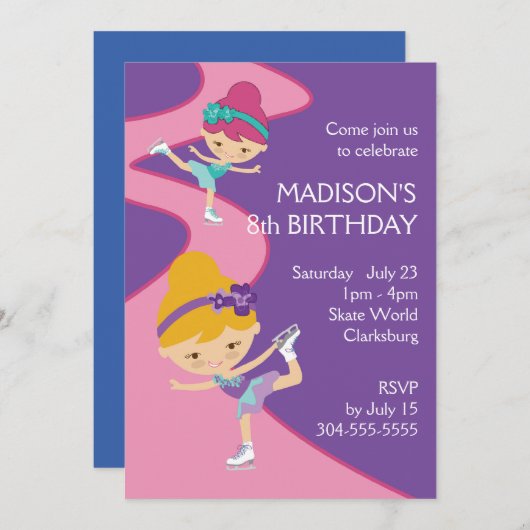 女の子のアイススケートのパーティー 招待状 (正面/裏面)