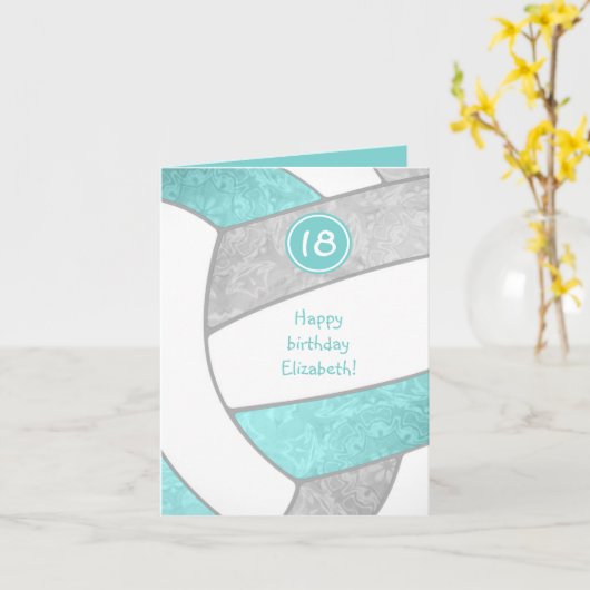 女の子のアクアグレーのかわいいバレーボール誕生日カード、あらゆる行事に カード (黄色い花)